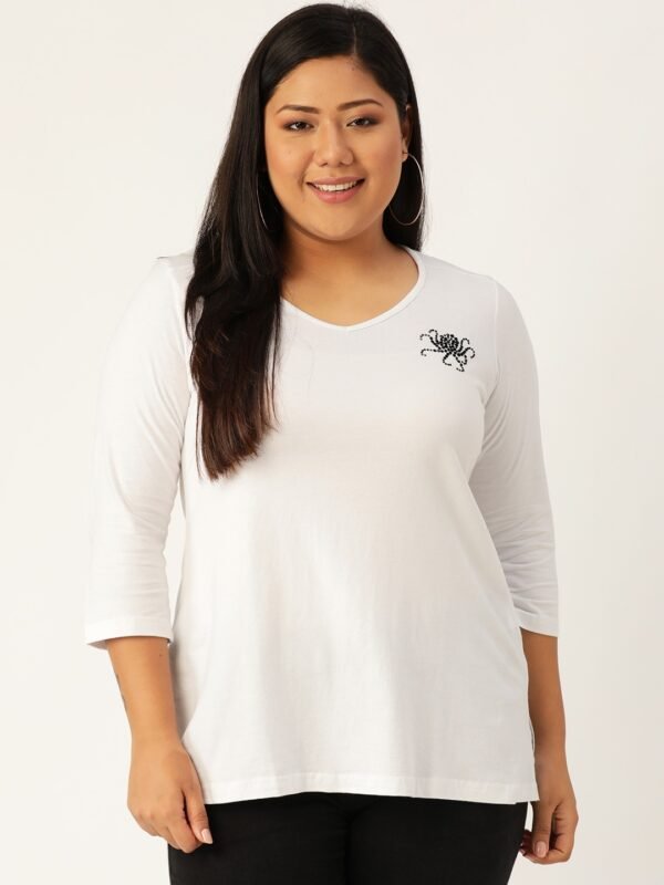 Women's Plus Size White Solid V-Neck 3/4th Sleeve T-Shirt