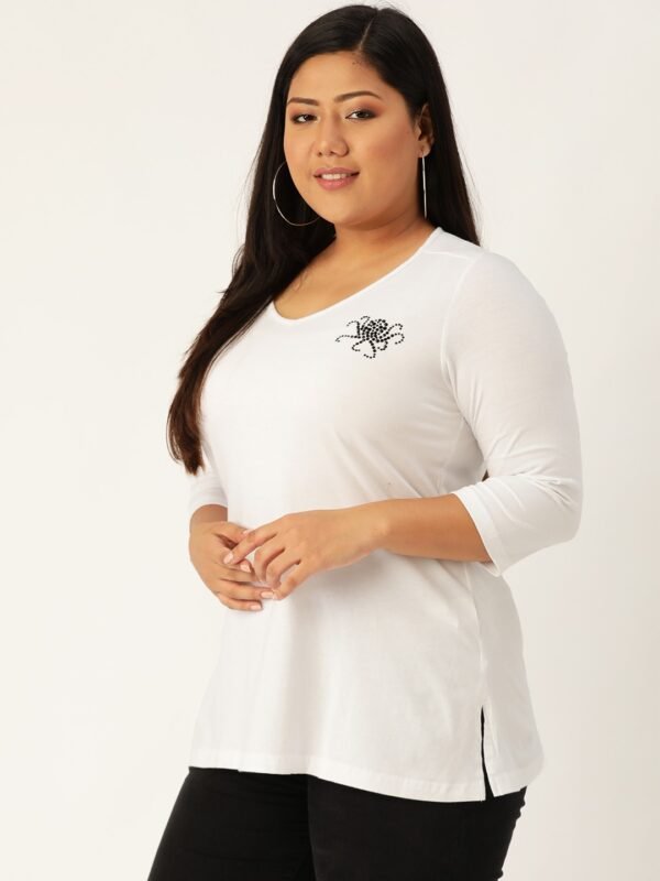 Women's Plus Size White Solid V-Neck 3/4th Sleeve T-Shirt