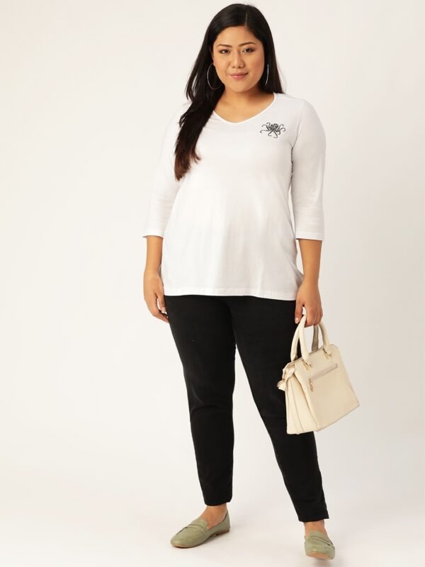 Women's Plus Size White Solid V-Neck 3/4th Sleeve T-Shirt