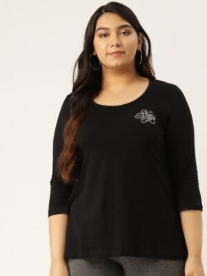 Women's Plus Size Black Solid Color Round Neck Cotton 3/4th Sleeve T-Shirt