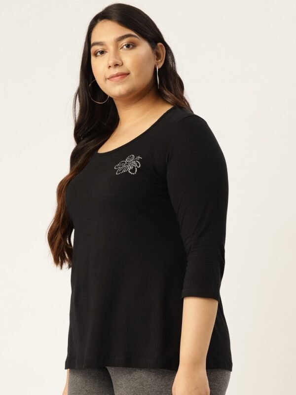 Women's Plus Size Black Solid Color Round Neck Cotton 3/4th Sleeve T-Shirt