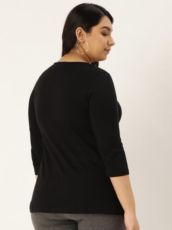 Women's Plus Size Black Solid Color Round Neck Cotton 3/4th Sleeve T-Shirt