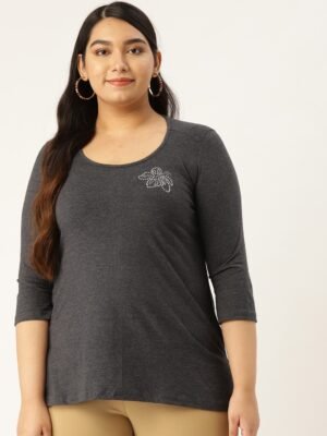 Women's Plus Size Dark Grey Solid Color Round Neck Cotton 3/4th Sleeve T-Shirt