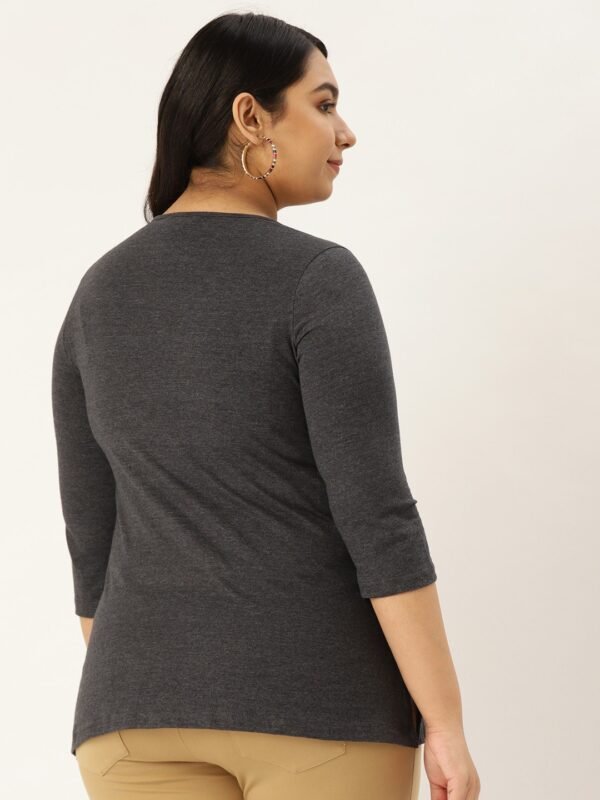 Women's Plus Size Dark Grey Solid Color Round Neck Cotton 3/4th Sleeve T-Shirt