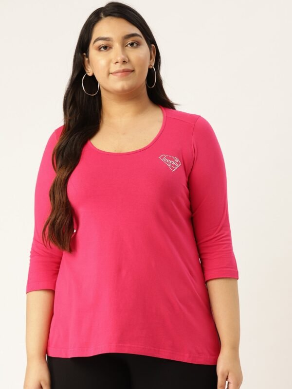 Women's Plus Size Fuchsia Solid Color Round Neck Cotton 3/4th Sleeve T-Shirt