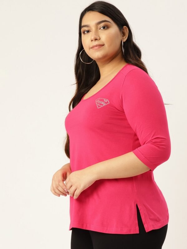 Women's Plus Size Fuchsia Solid Color Round Neck Cotton 3/4th Sleeve T-Shirt