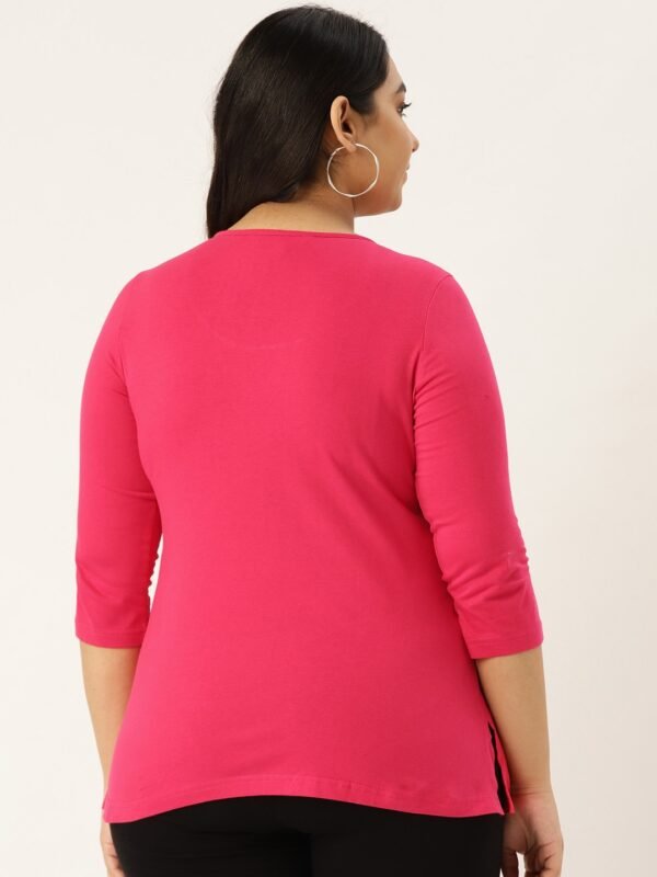 Women's Plus Size Fuchsia Solid Color Round Neck Cotton 3/4th Sleeve T-Shirt