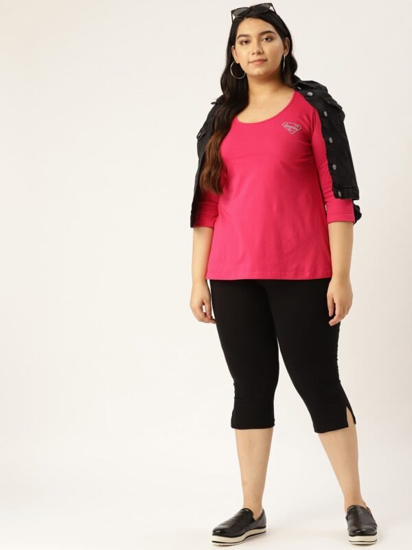 Women's Plus Size Fuchsia Solid Color Round Neck Cotton 3/4th Sleeve T-Shirt