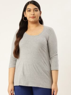 Women's Plus Size Light Grey Solid Color Round Neck Cotton 3/4th Sleeve T-Shirt