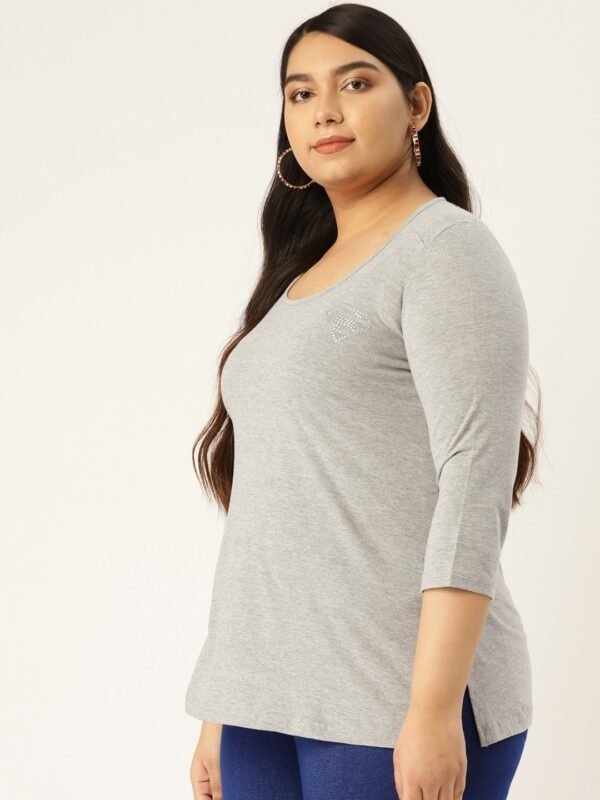 Women's Plus Size Light Grey Solid Color Round Neck Cotton 3/4th Sleeve T-Shirt