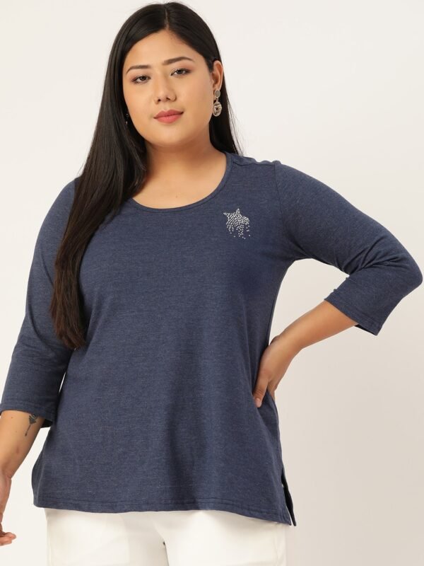 Women's Plus Size Melange Blue Solid Color Round Neck Cotton 3/4th Sleeve T-Shirt