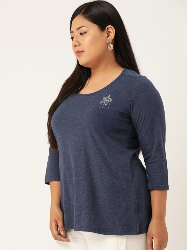 Women's Plus Size Melange Blue Solid Color Round Neck Cotton 3/4th Sleeve T-Shirt