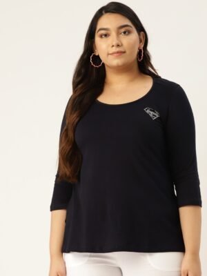 Women's Plus Size Navy Blue Solid Color Round Neck Cotton 3/4th Sleeve T-Shirt