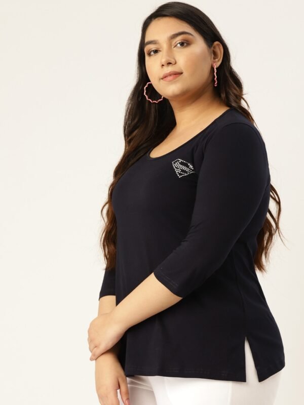 Women's Plus Size Navy Blue Solid Color Round Neck Cotton 3/4th Sleeve T-Shirt