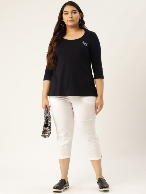 Women's Plus Size Navy Blue Solid Color Round Neck Cotton 3/4th Sleeve T-Shirt