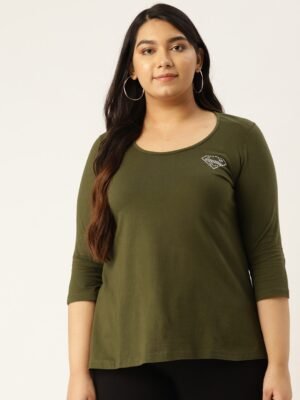 Women's Plus Size Olive Solid Color Round Neck Cotton 3/4th Sleeve T-Shirt