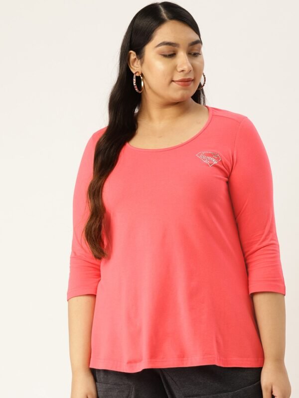 Women's Plus Size Peach Solid Color Round Neck Cotton 3/4th Sleeve T-Shirt