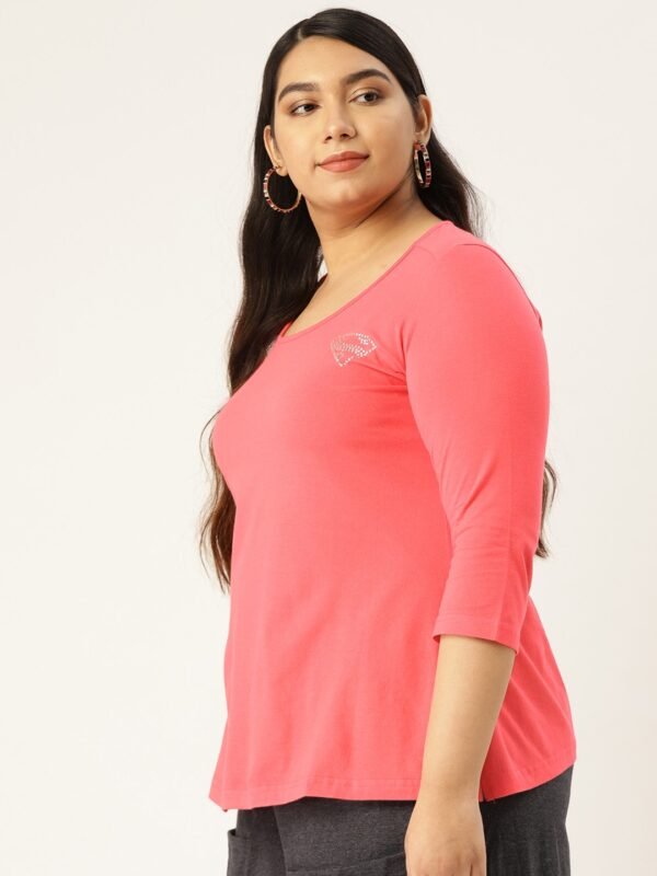 Women's Plus Size Peach Solid Color Round Neck Cotton 3/4th Sleeve T-Shirt