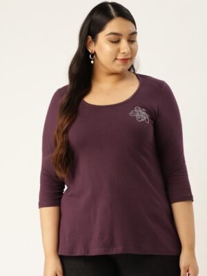 Women's Plus Size Purple Solid Color Round Neck Cotton 3/4th Sleeve T-Shirt