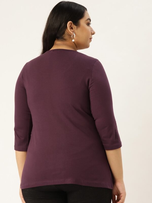 Women's Plus Size Purple Solid Color Round Neck Cotton 3/4th Sleeve T-Shirt