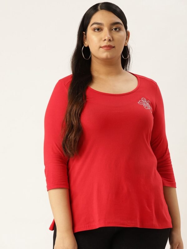 Women's Plus Size Red Solid Color Round Neck Cotton 3/4th Sleeve T-Shirt