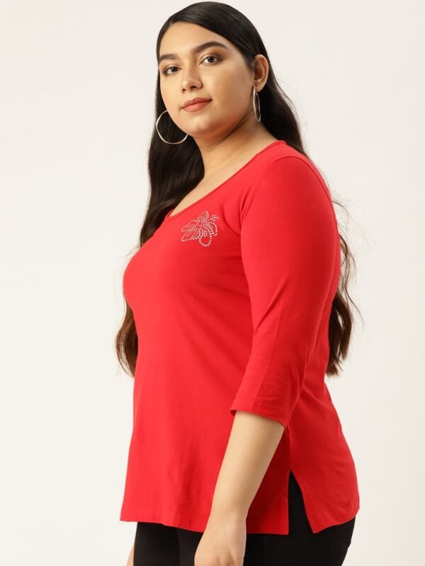 Women's Plus Size Red Solid Color Round Neck Cotton 3/4th Sleeve T-Shirt