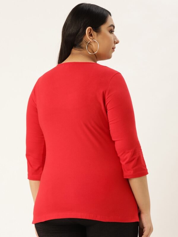 Women's Plus Size Red Solid Color Round Neck Cotton 3/4th Sleeve T-Shirt