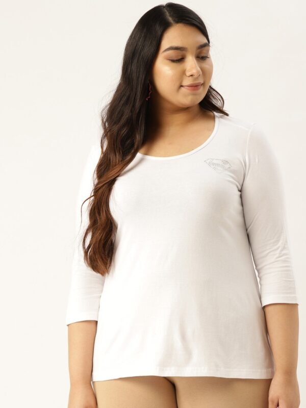 Women's Plus Size White Solid Color Round Neck Cotton 3/4th Sleeve T-Shirt