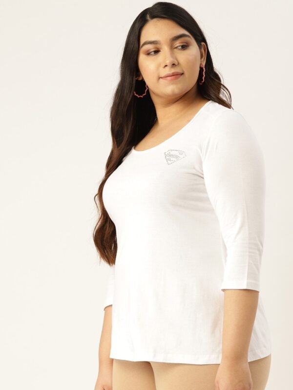 Women's Plus Size White Solid Color Round Neck Cotton 3/4th Sleeve T-Shirt