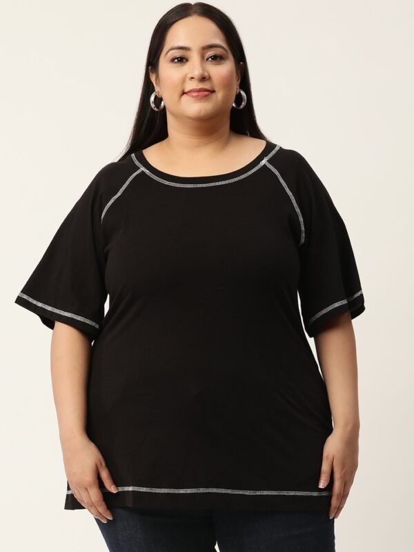 Women's Plus Size  Black Solid Color Cotton Knitted T-shirt