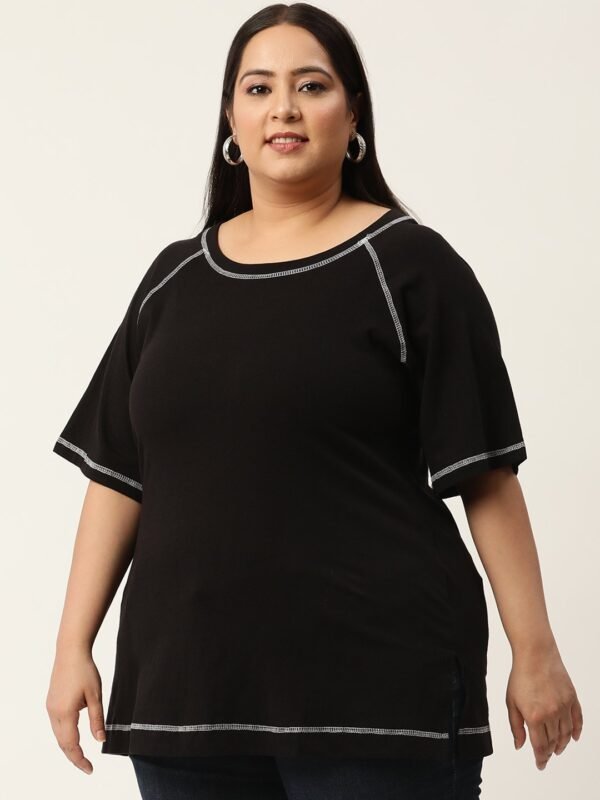 Women's Plus Size  Black Solid Color Cotton Knitted T-shirt