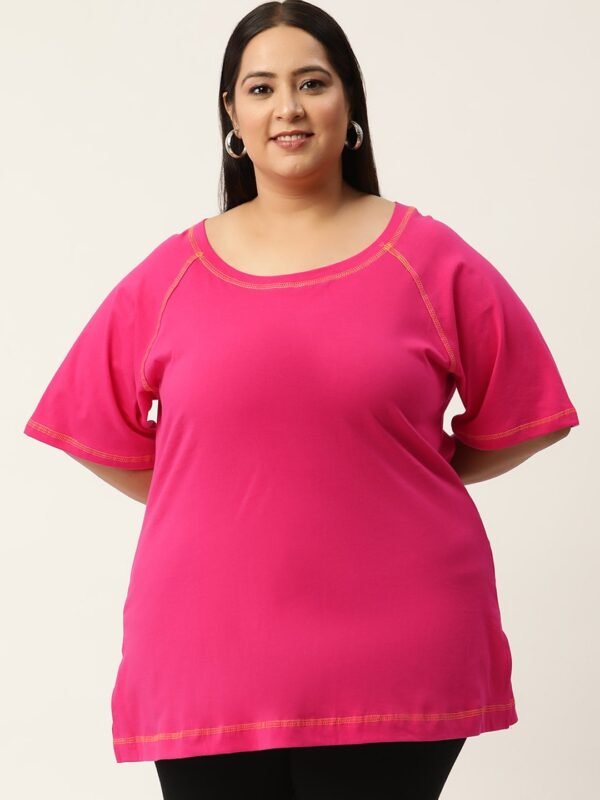 Women's Plus Size  Fuchsia Solid Color Cotton Knitted T-shirt