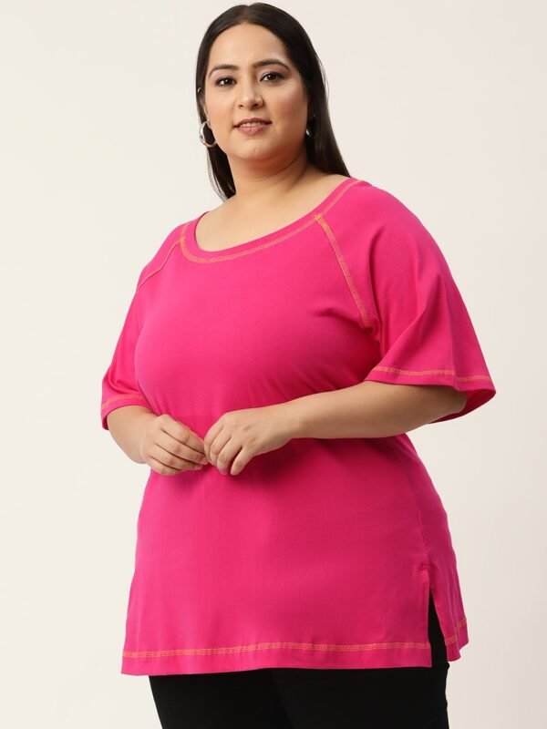 Women's Plus Size  Fuchsia Solid Color Cotton Knitted T-shirt