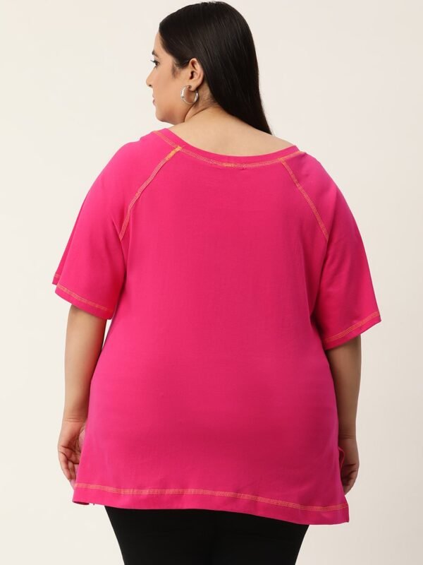 Women's Plus Size  Fuchsia Solid Color Cotton Knitted T-shirt