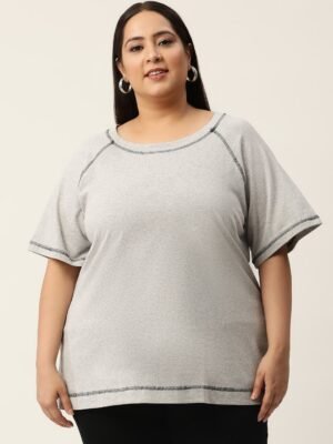 Women's Plus Size  Grey Melange Solid Color Cotton Knitted T-shirt