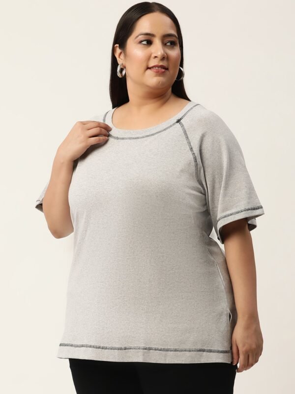 Women's Plus Size  Grey Melange Solid Color Cotton Knitted T-shirt