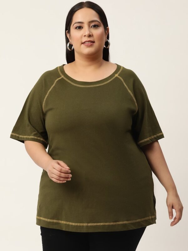 Women's Plus Size  Olive Solid Color Cotton Knitted T-shirt