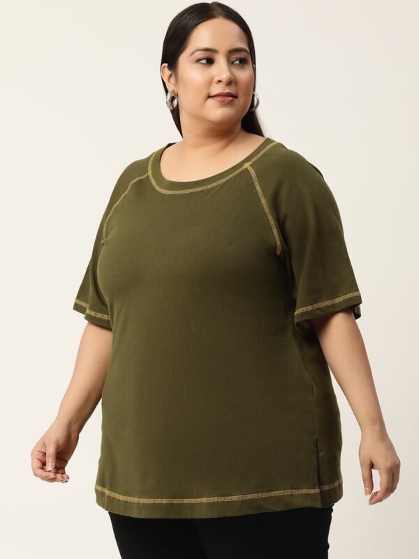 Women's Plus Size  Olive Solid Color Cotton Knitted T-shirt