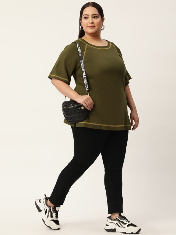 Women's Plus Size  Olive Solid Color Cotton Knitted T-shirt