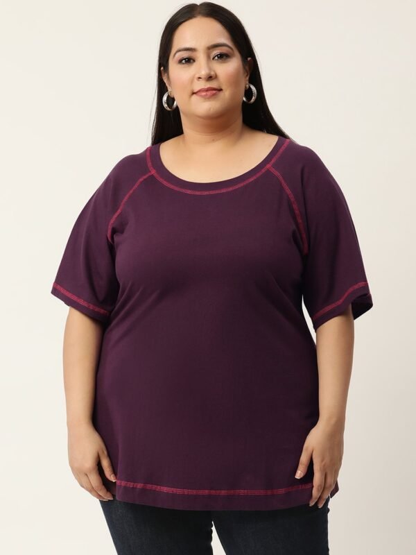 Women's Plus Size  Purple Solid Color Cotton Knitted T-shirt