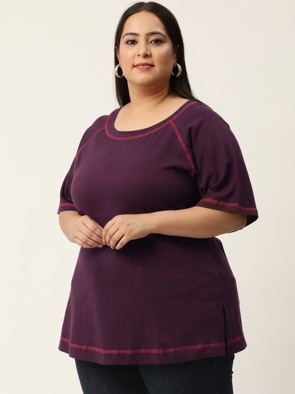 Women's Plus Size  Purple Solid Color Cotton Knitted T-shirt