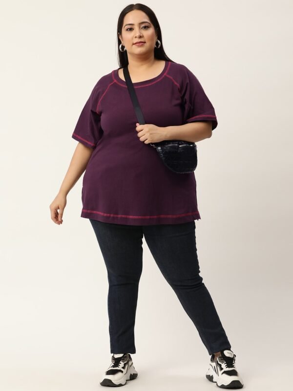 Women's Plus Size  Purple Solid Color Cotton Knitted T-shirt