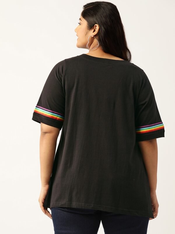 Women's Plus Size Black Solid Color With Striped Detail Cotton T-shirt