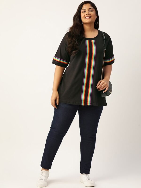 Women's Plus Size Black Solid Color With Striped Detail Cotton T-shirt