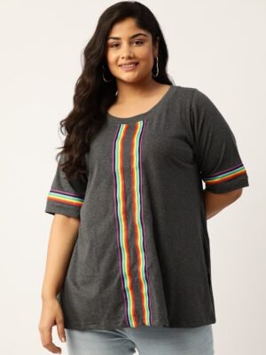 Women's Plus Size Charcoal Grey Solid Color With Striped Detail Cotton T-shirt