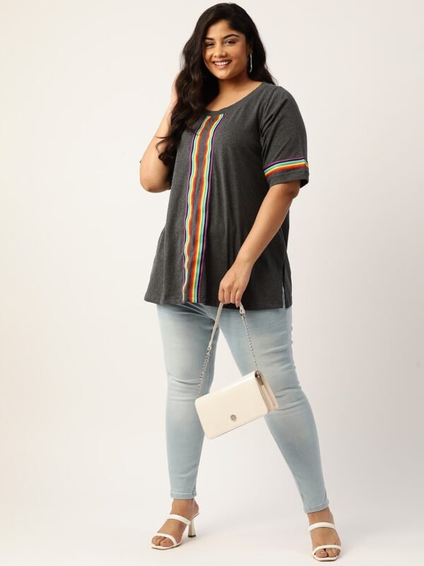 Women's Plus Size Charcoal Grey Solid Color With Striped Detail Cotton T-shirt