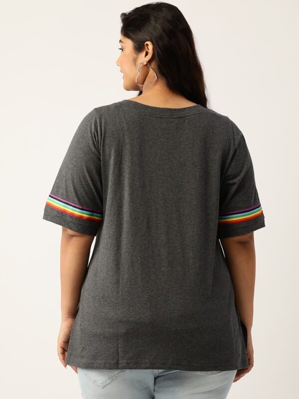 Women's Plus Size Charcoal Grey Solid Color With Striped Detail Cotton T-shirt