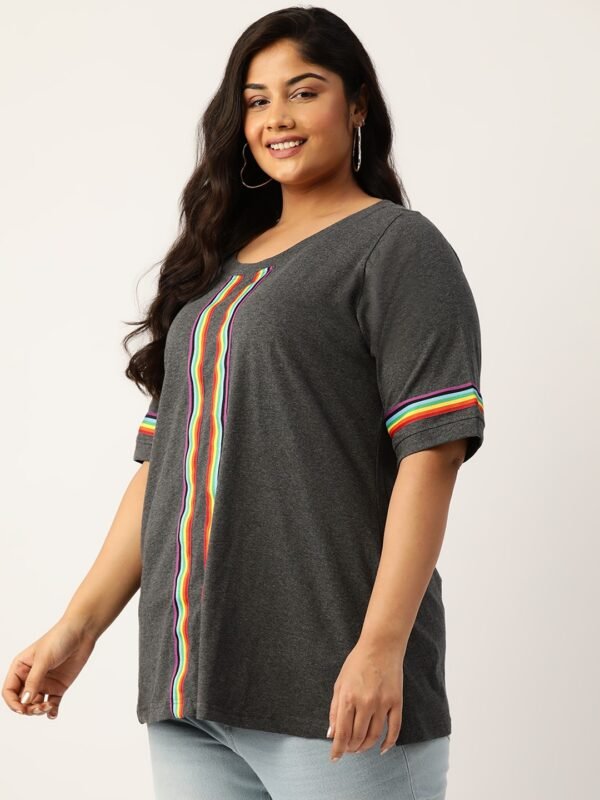 Women's Plus Size Charcoal Grey Solid Color With Striped Detail Cotton T-shirt