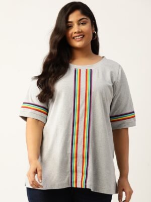 Women's Plus Size Light Grey Solid Color With Striped Detail Cotton T-shirt