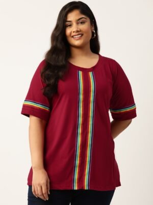 Women's Plus Size Maroon Solid Color With Striped Detail Cotton T-shirt